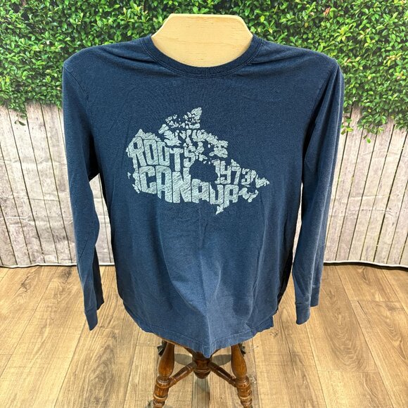Roots Canada Men's Blue Long-Sleeve T-Shirt Canada Logo Map Blue (SKU: 37M) - Picture 1 of 4